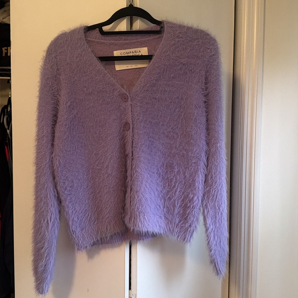 fuzzy lavender cardigan